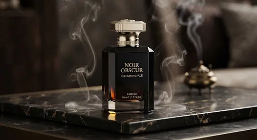 Photographie studio d'art de luxe du flacon Noir Obscur Édition Royale. Bouteille géométrique en verre lourd noir laqué avec un bouchon en métal ciselé or champagne poli. Reflets ambrés chaleureux à travers la base du verre noir, posé sur une plaque de marbre sombre veiné d'or, légères volutes de fu